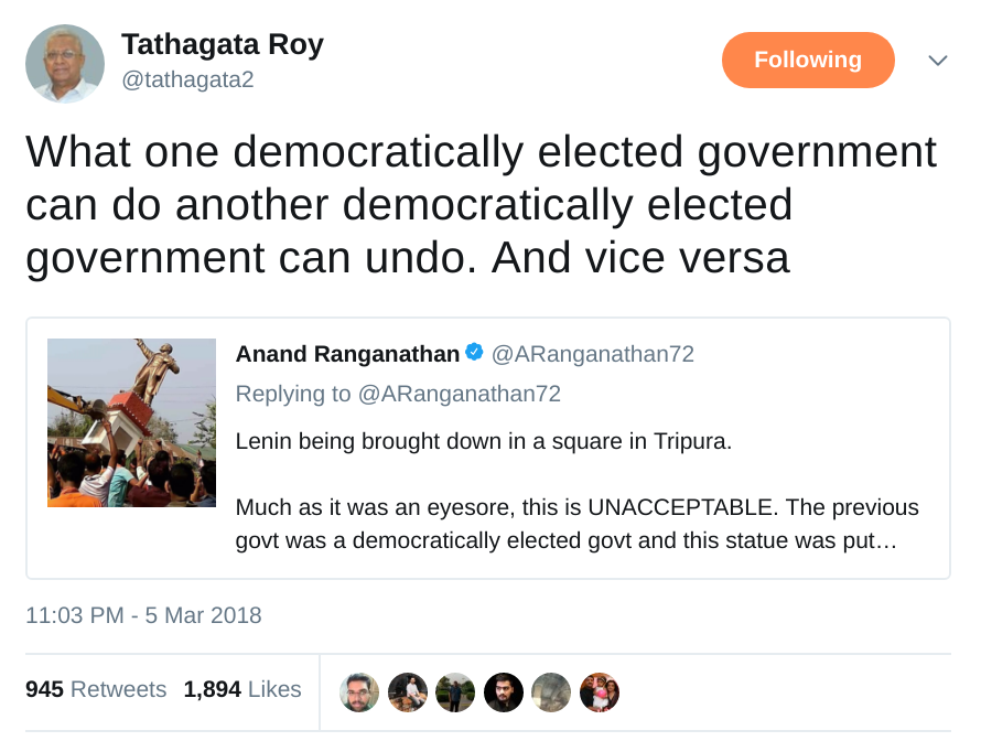 Tathagata roy on demolition of lenin statue