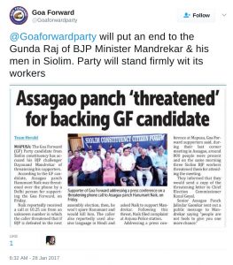 @Goaforwardparty will put an end to the Gunda Raj of BJP Minister Mandrekar & his men in Siolim. Party will stand firmly wit its workers