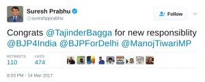 suresh prabhu congrats tajinderbagga for new responsibility