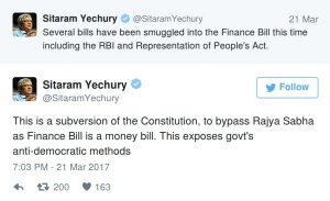 Several bills have been smuggled into the Finance Bill this time including the RBI and Representation of People's Act. This is a subversion of the Constitution, to bypass Rajya Sabha as Finance Bill is a money bill. This exposes govt's anti-democratic methods.