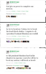 tajinder bagga tweets in which he announced that he had beaten up prashant bhushan. god give us power to complete our mission. he try to break my Nation, i try to break his head. Hisab chukta. Congrats to all. operation Prashant Bhushan successfull. we hit prashant bhushan hard in his champer in supreme court. if you will try to break my nation, i will break ur heads.