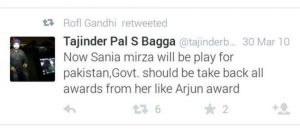 tajinder bagga tweet on sania now sania mirza will be play for pakistan.govt. should be take back all awards from her like Arjun award.
