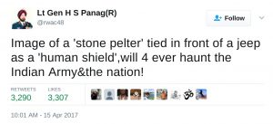 Image of a 'stone pelter' tied in front of a jeep as a 'human shield',will 4 ever haunt the Indian Army&the nation!