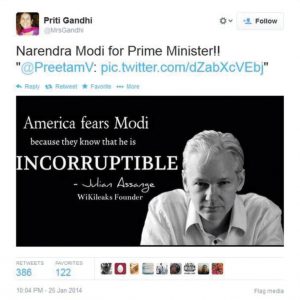 Priti Gandhi, Narendra Modi incorruptible - Julian Assange