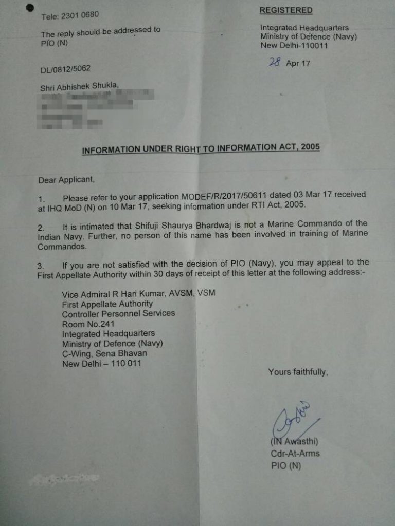 RTI response on Shifuji from Ministry of Defence