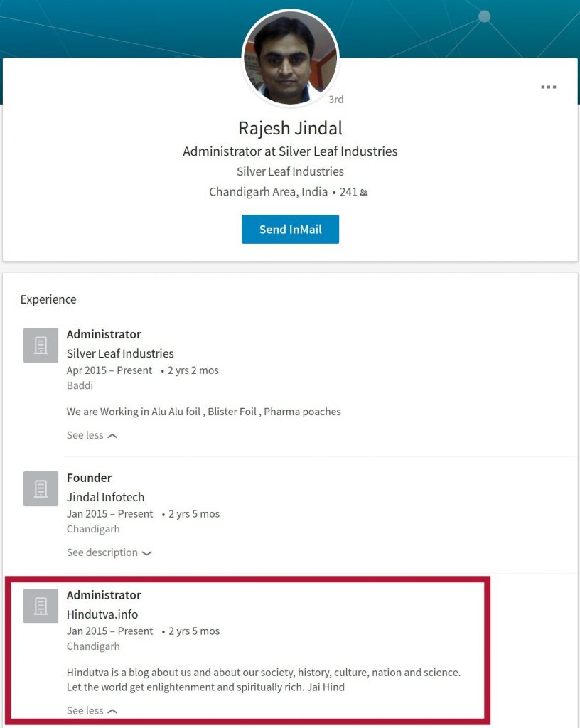 Rajesh Jindal Hindutva.info LinkedIn Profile