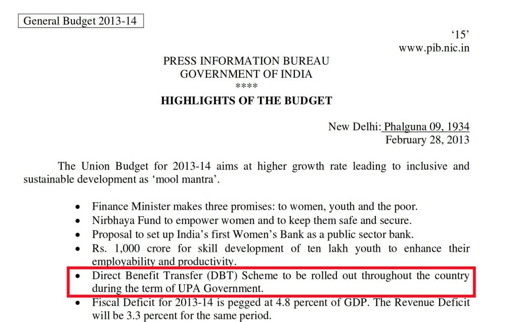 Direct Benefit Transfer Annual Budget 2013