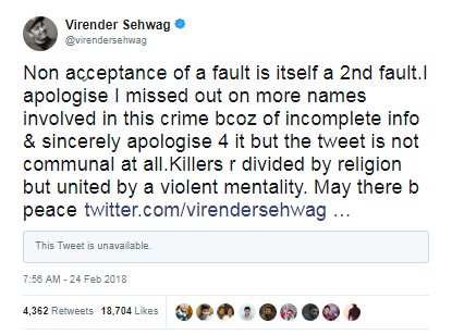 sehwag apologies tweet