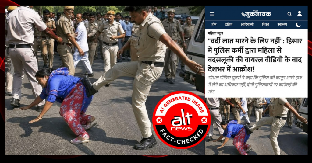 हिसार में महिला को लात मारते पुलिसकर्मी की वायरल तस्वीर AI-जनरेटेड है