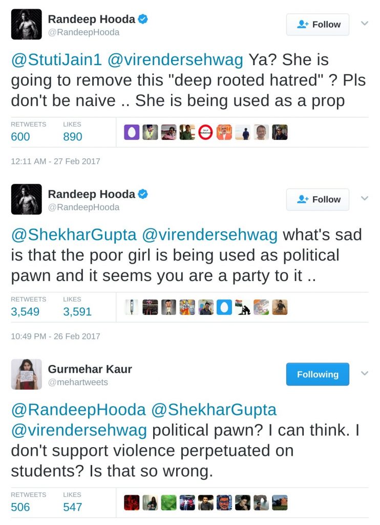 randeep hooda calls gurmehar a political pawn, she responds.