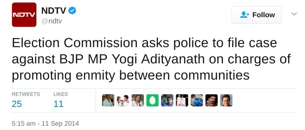 Election Commission asks police to file case against BJP MP Yogi Adityanath on charges of promoting enmity between communities