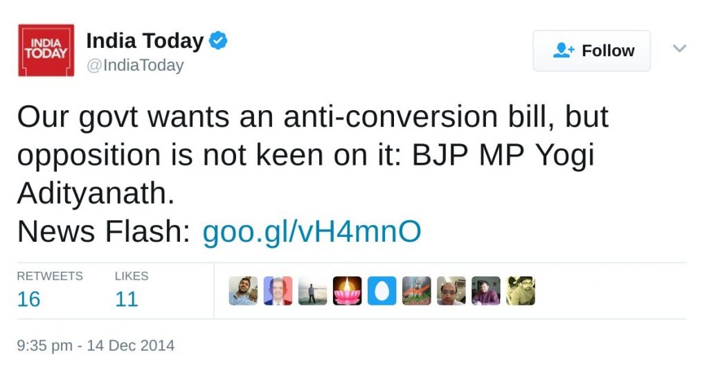 Our govt wants an anti-conversion bill, but opposition is not keen on it: BJP MP Yogi Adityanath.
