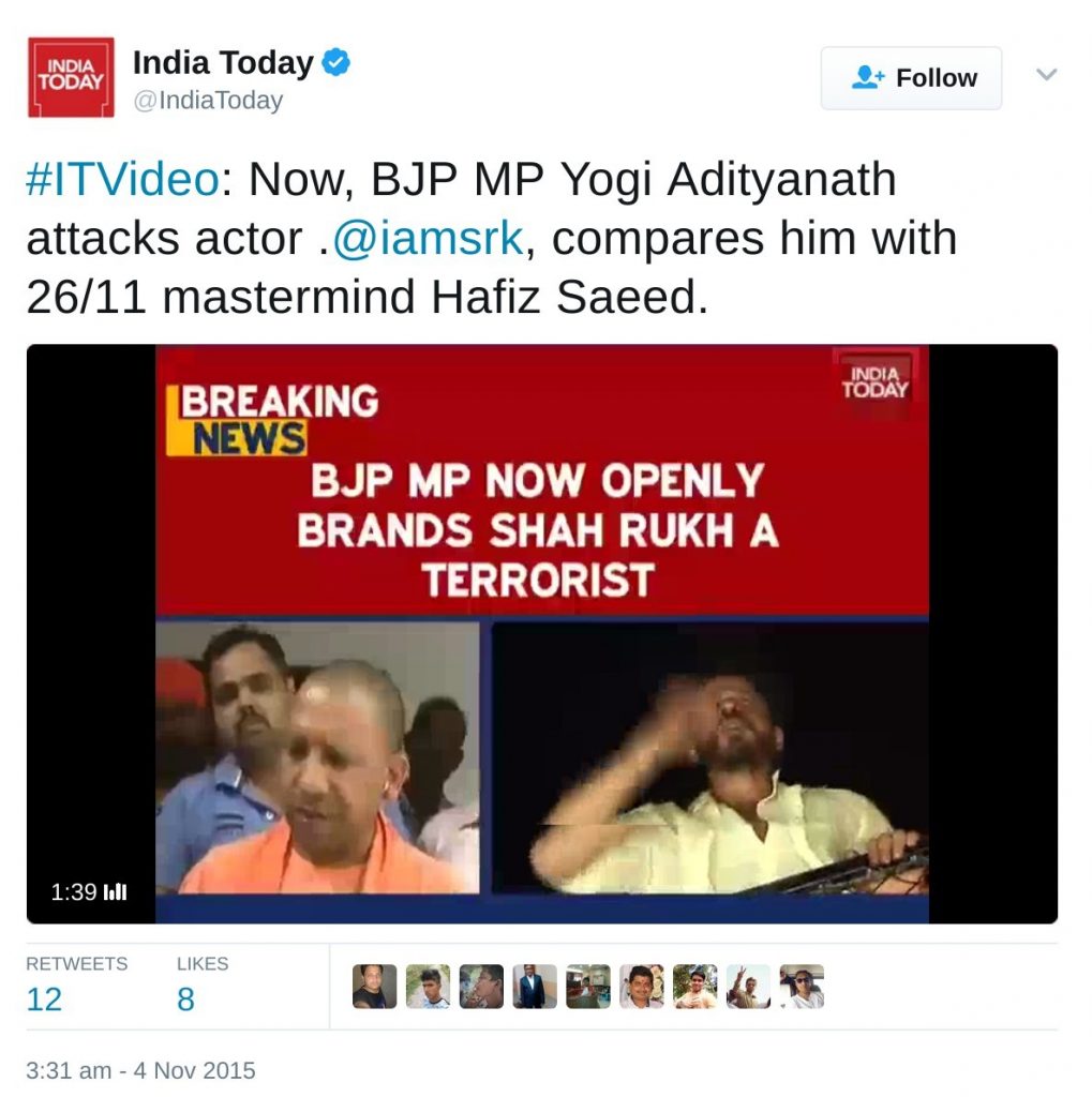 Now, BJP MP Yogi Adityanath attacks actor .@iamsrk, compares him with 26/11 mastermind Hafiz Saeed.