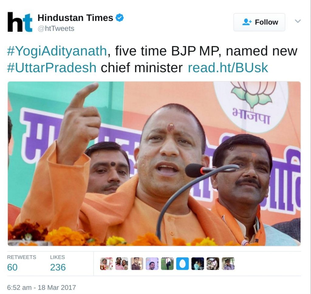 #YogiAdityanath, five time BJP MP, named new #UttarPradesh chief minister