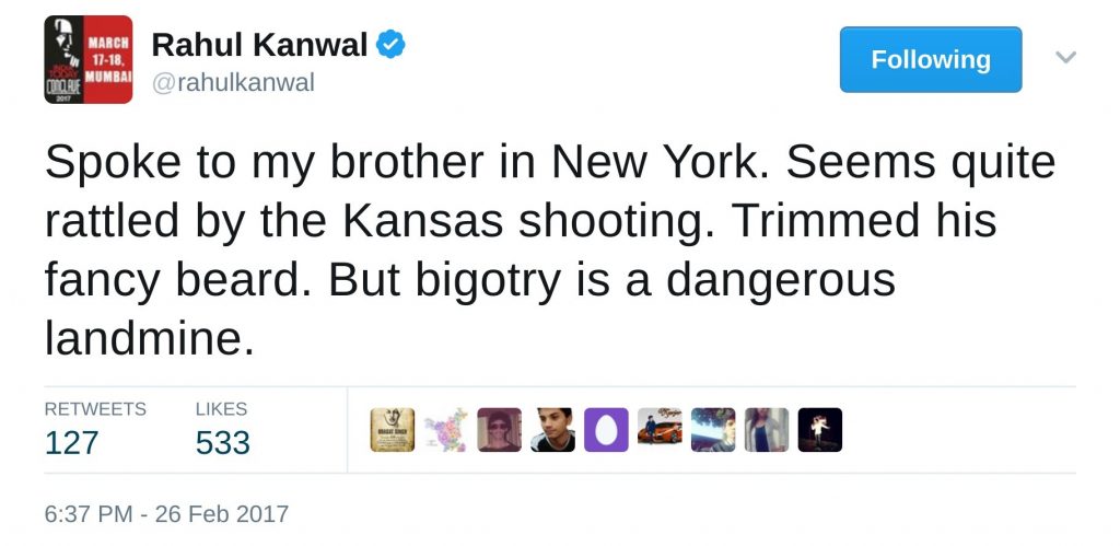 Spoke to my brother in New York. Seems quite rattled by the Kansas shooting. Trimmed his fancy beard. But bigotry is a dangerous landmine.