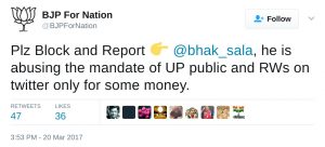 Plz Block and Report 👉 @bhak_sala, he is abusing the mandate of UP public and RWs on twitter only for some money.