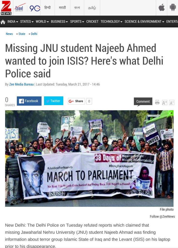Zee News declared that Najeeb wanted to join ISIS