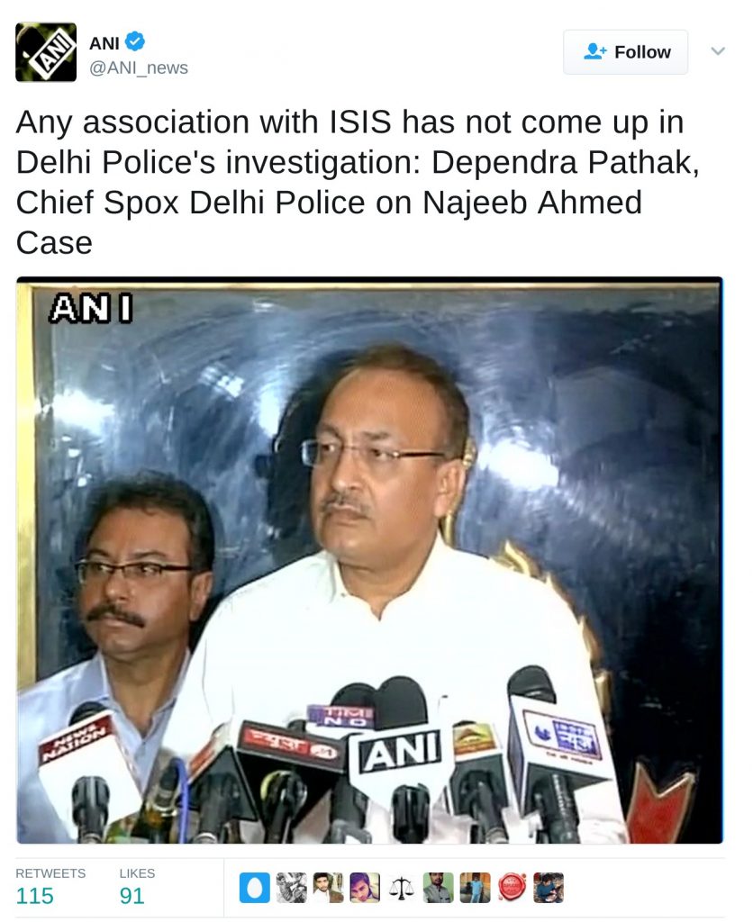 Delhi police says no association of najeeb with isis