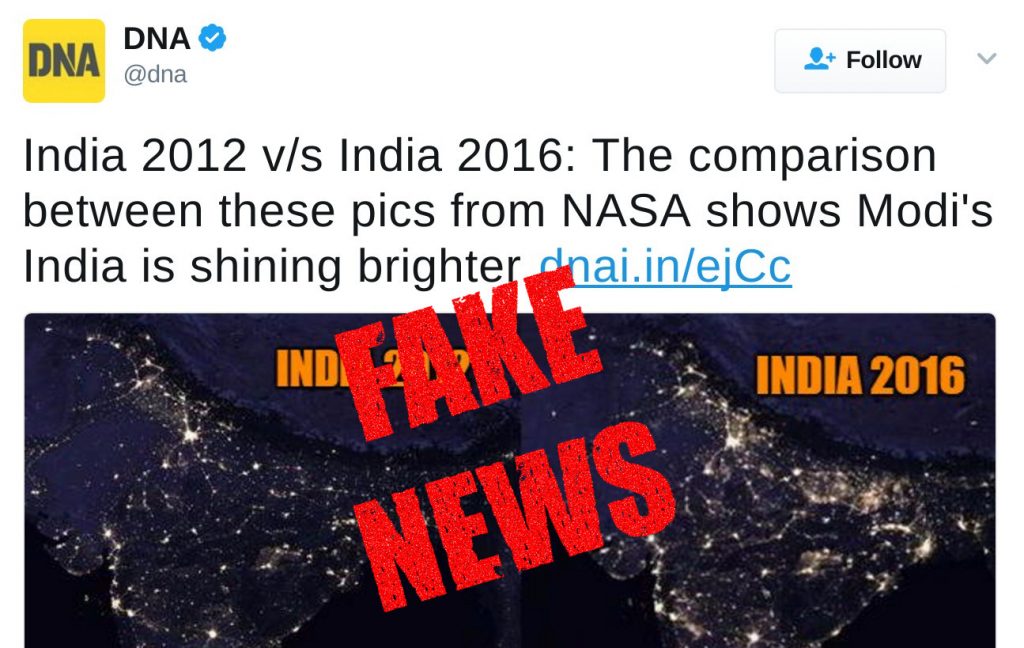 Is “Modi’s India” shining brighter in 2016 than in 2012 as DNA claimed based on NASA pictures?