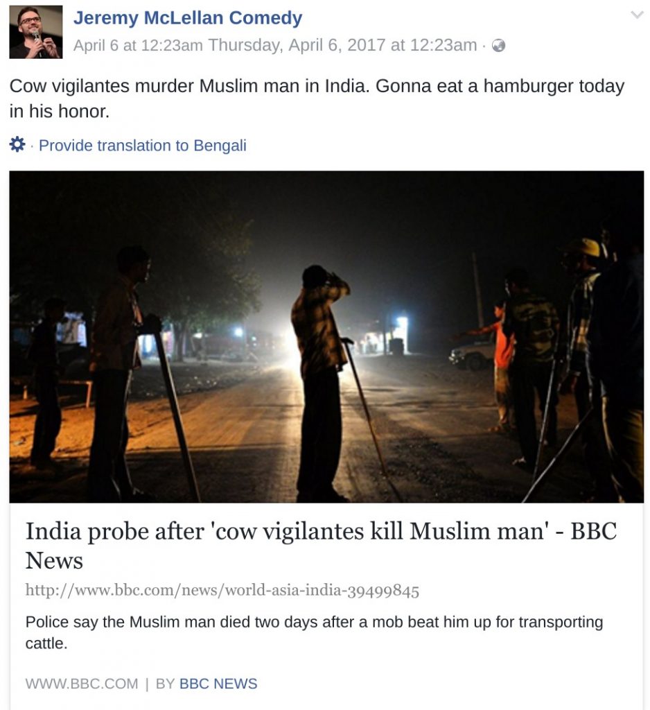 Cow vigilantes murder Muslim man in India. Gonna eat a hamburger today in his honor
