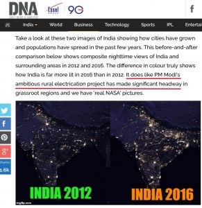 DNA Take a look at these two images of India showing how cities have grown and populations have spread in the past few years. This before-and-after comparison below shows composite nighttime views of India and surrounding areas in 2012 and 2016. The difference in colour truly shows how India is far more lit in 2016 than in 2012. It does like PM Modi's ambitious rural electrication project has made significant headway in grassroot regions and we have 'real NASA' pictures.