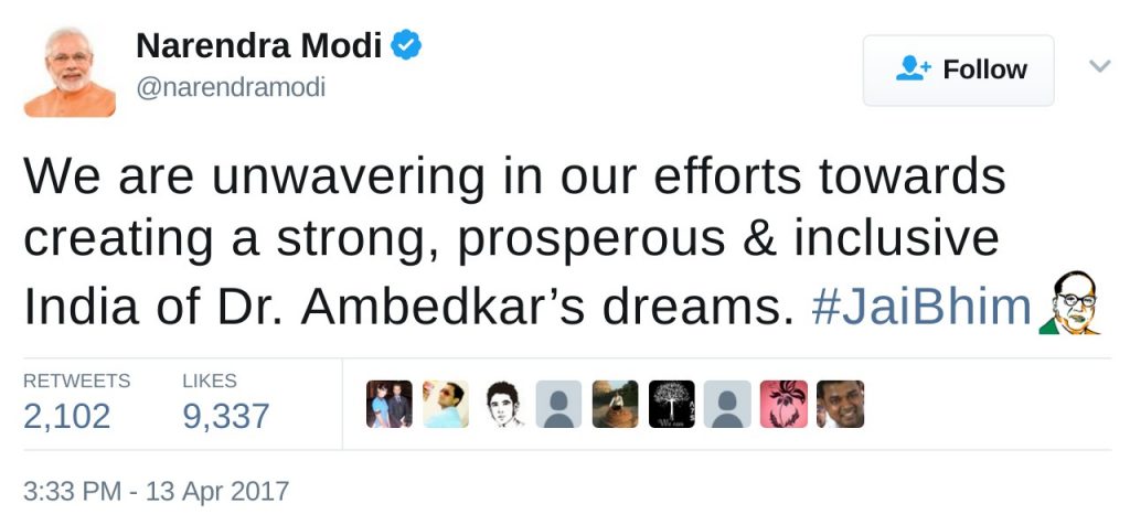 narendra modi We are unwavering in our efforts towards creating a strong, prosperous & inclusive India of Dr. Ambedkar’s dreams. #JaiBhim