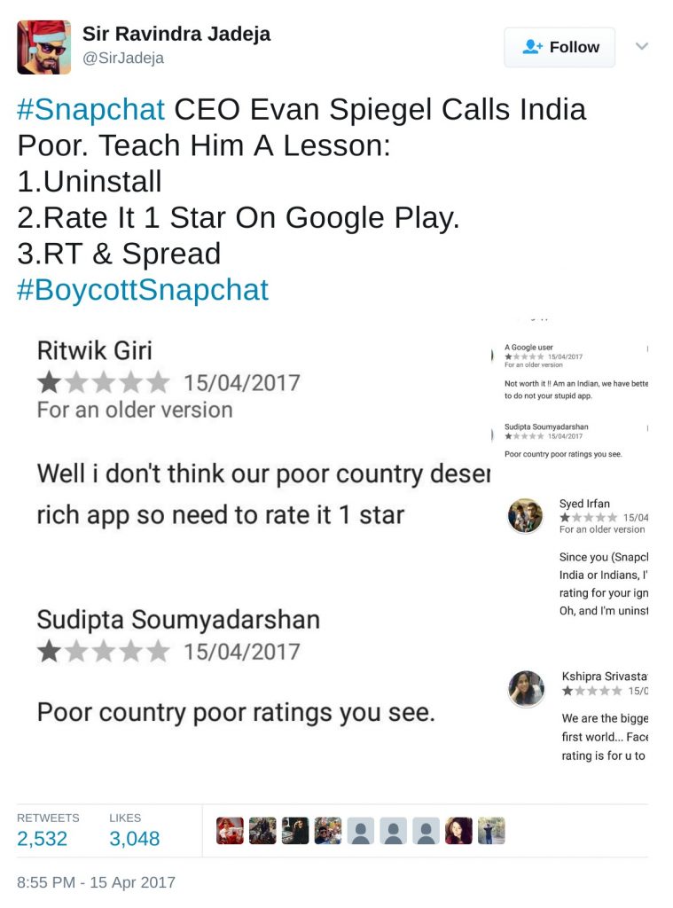 Snapchat CEO Evan Spiegel Calls India Poor. Teach Him A Lesson: 1.Uninstall 2.Rate It 1 Star On Google Play. 3.RT & Spread #BoycottSnapchat