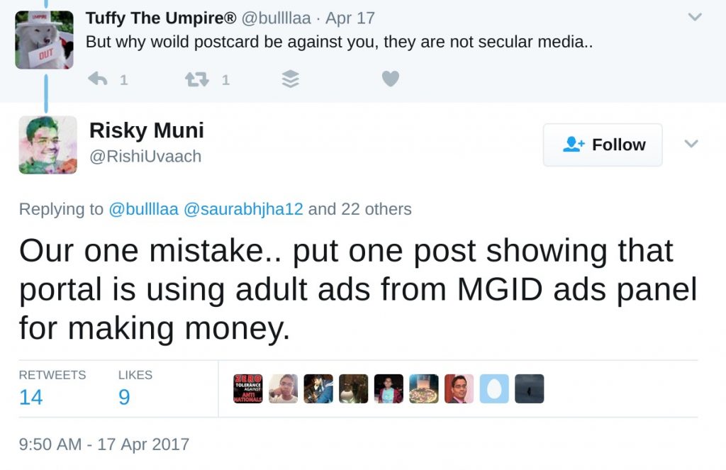 Our one mistake.. put one post showing that portal is using adult ads from MGID ads panel for making money.