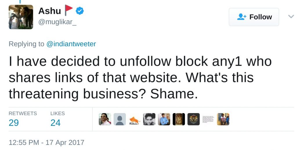 I have decided to unfollow block any1 who shares links of that website. What's this threatening business? Shame.