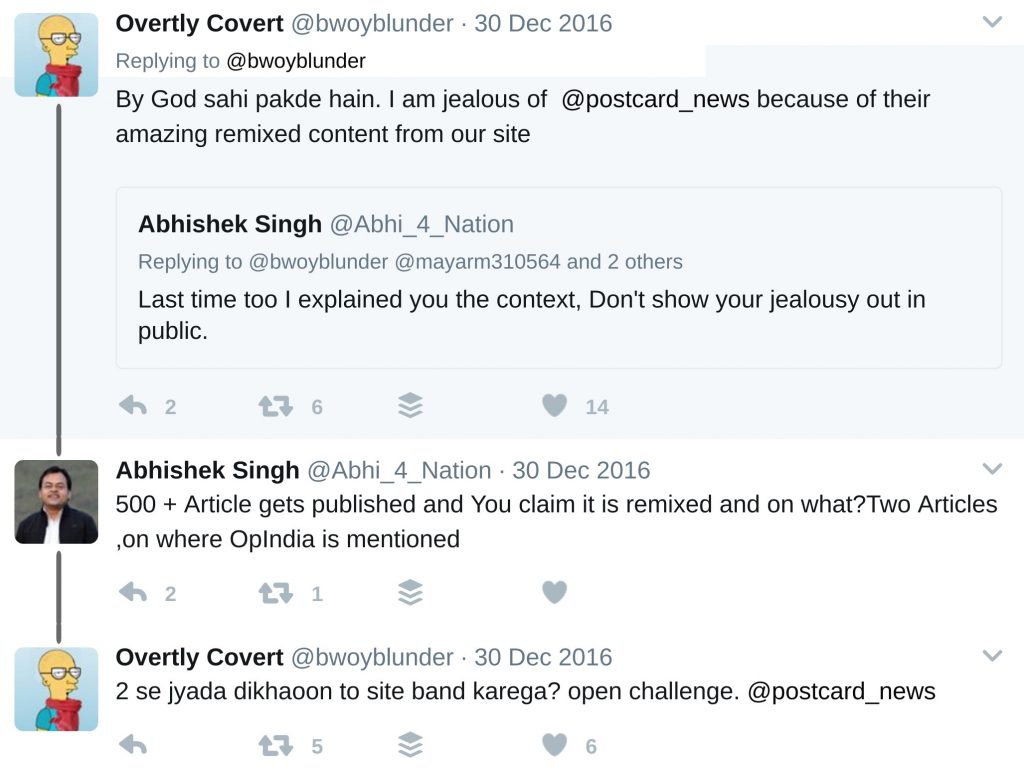 opindia co-founder accuses post-card news of multiple cases of plagiarism