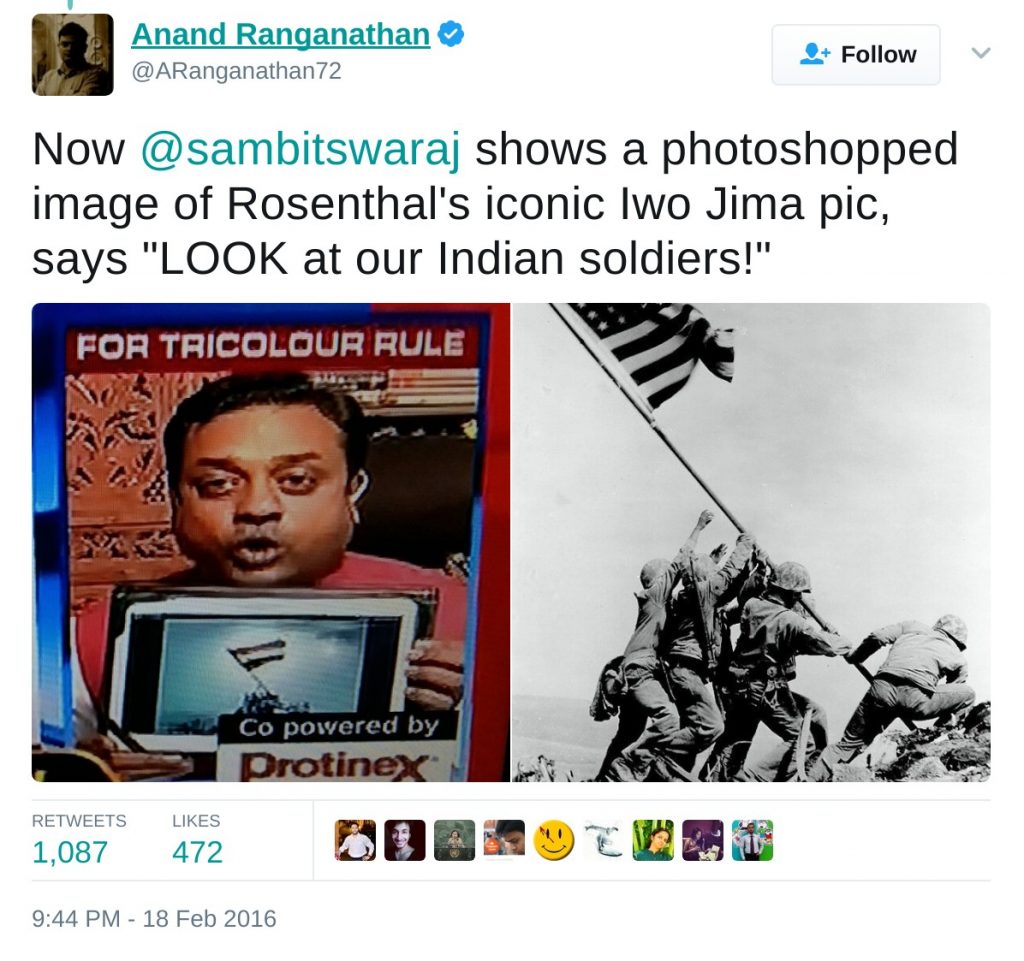 Sambit patra shows a photoshopped image of Rsenthal's iconic IWO JIMA pic, says "Look at our Indian soliders!"