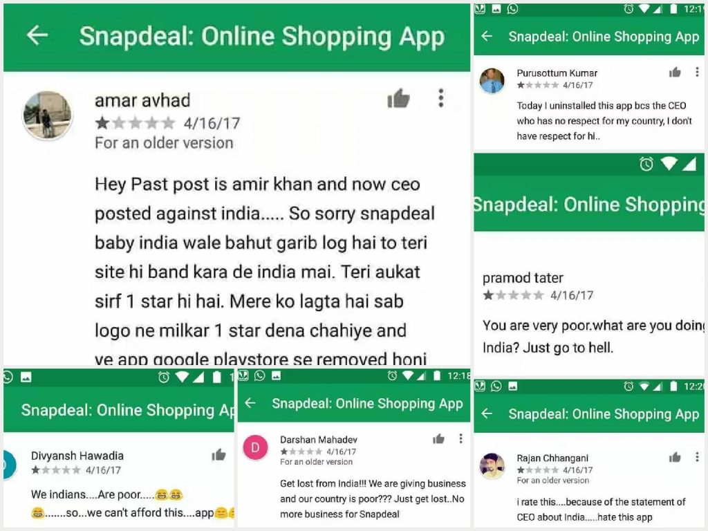 Snapdeal being given 1-star, being uninstalled