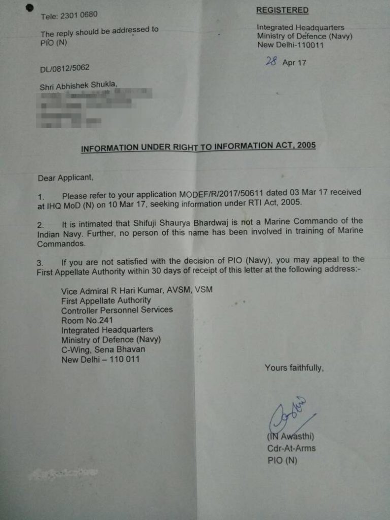 RTI response on Shifuji from Ministry of Defence