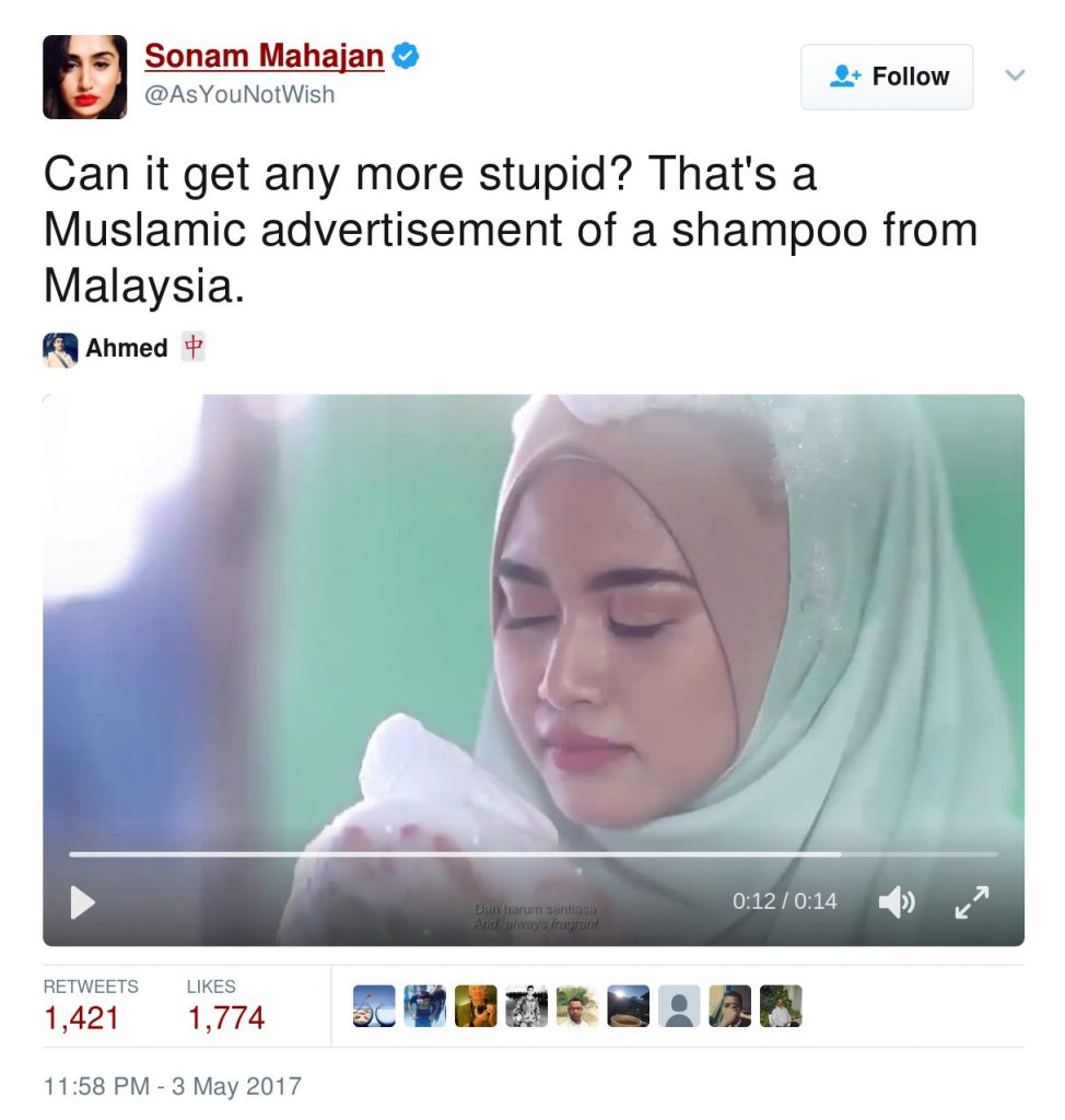 Sonam Mahajan: Can it get any more stupid? That's a Muslamic advertisement of a shampoo from Malaysia.