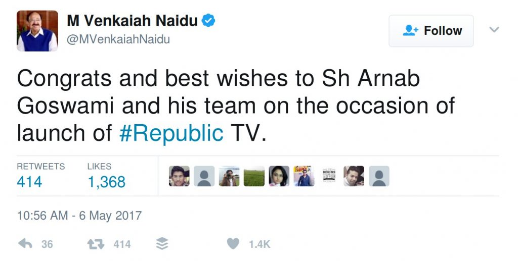 Congrats and best wishes to Sh Arnab Goswami and his team on the occasion of launch of #Republic TV.