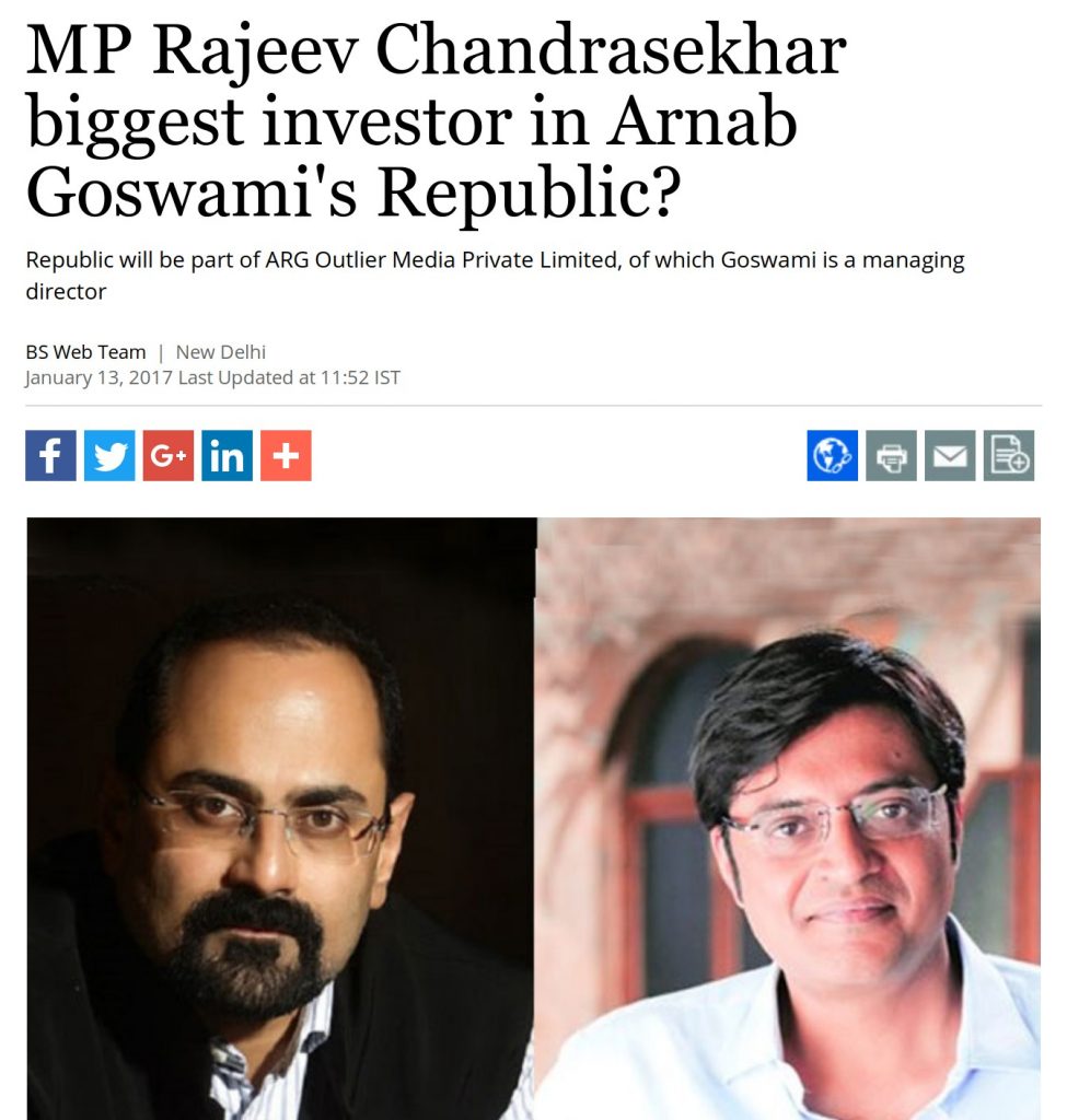 MP Rajeev Chandrasekhar biggest investor in Arnab Goswami's republic