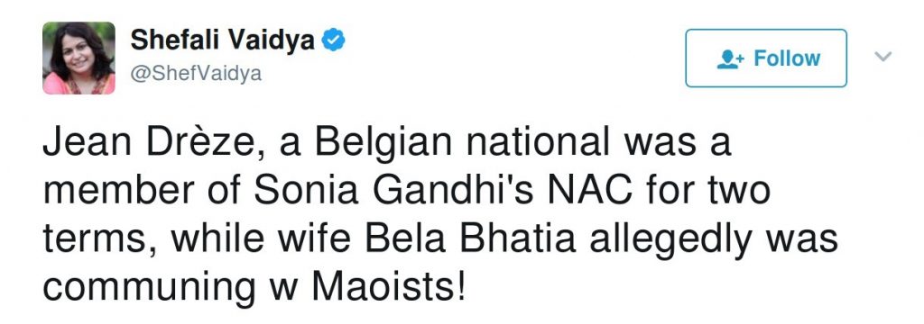 Shefali Vaidya: Jean dreze, a belgian national was a member of Sonia Gandhi's NAC for two terms, while wife Bela Bhatia allegedly was communig w Maoists!
