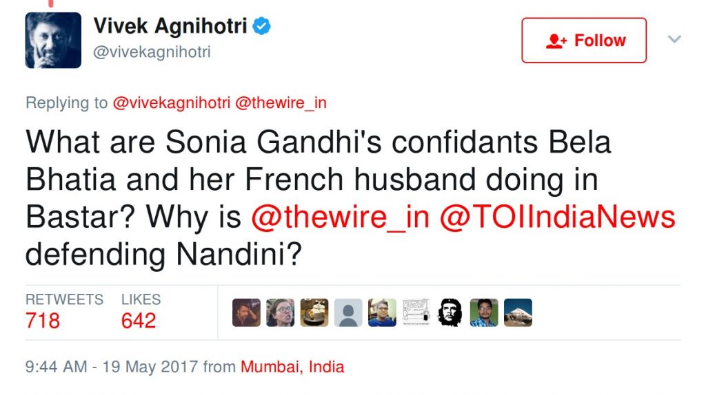 Vivek Agnihotri: What are Sonia Gandhi's confidants Bela Bhatia and her French husband doing in Bastar? Why is wire and toi defending Nandini?