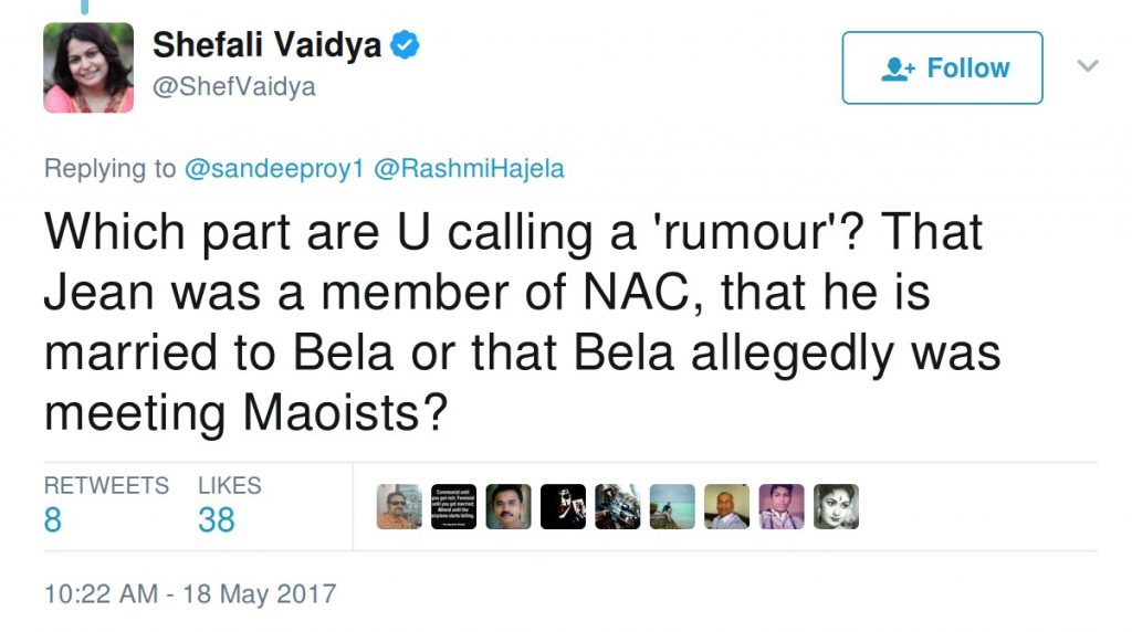 Which part are U calling a 'rumour'? That Jean was a member of NAC, that he is married to Bela or that Bela allegedly was meeting Maoists?