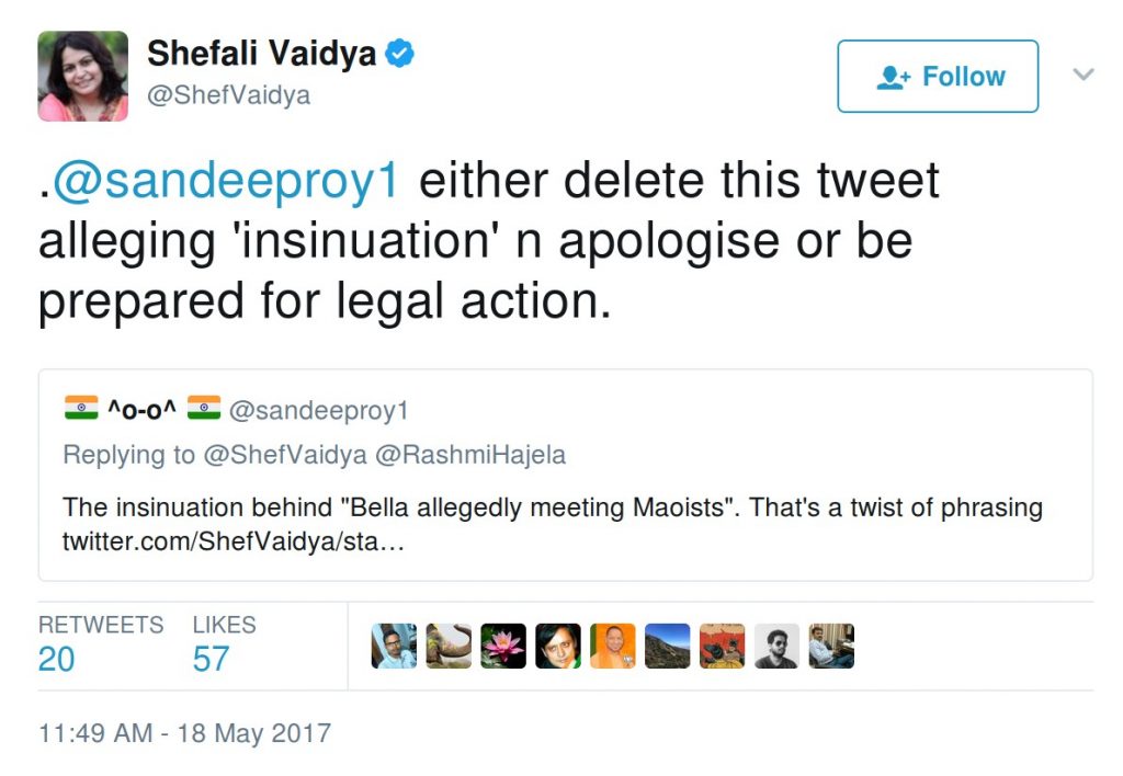 Shefali Vaidya either delete this tweet alleging insinuation n apologise or be prepared for legal action.