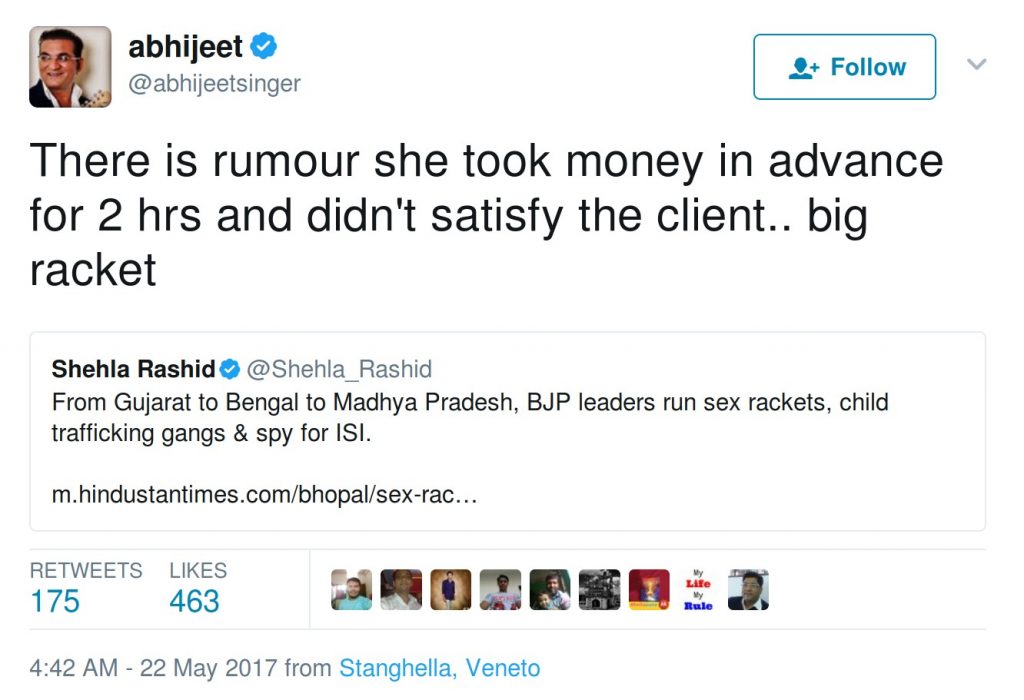 Abhijeet Bhattacharya on Shehla Rashid: There is rumour she took money in advance for 2 hours