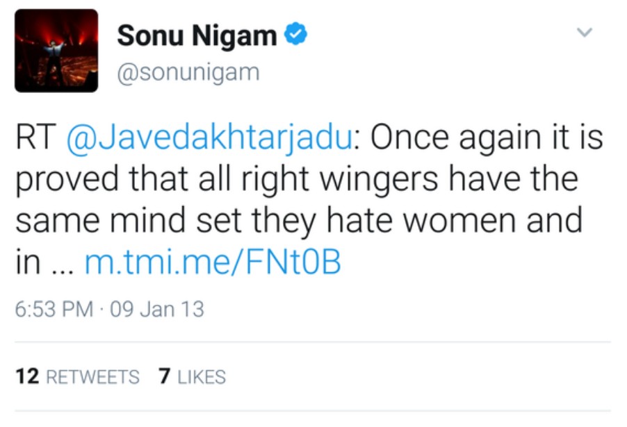 Sonu Nigam: Once again it is proved that all right wingers have the same mind set they hate women and in the name of honour subjugate and enslave them