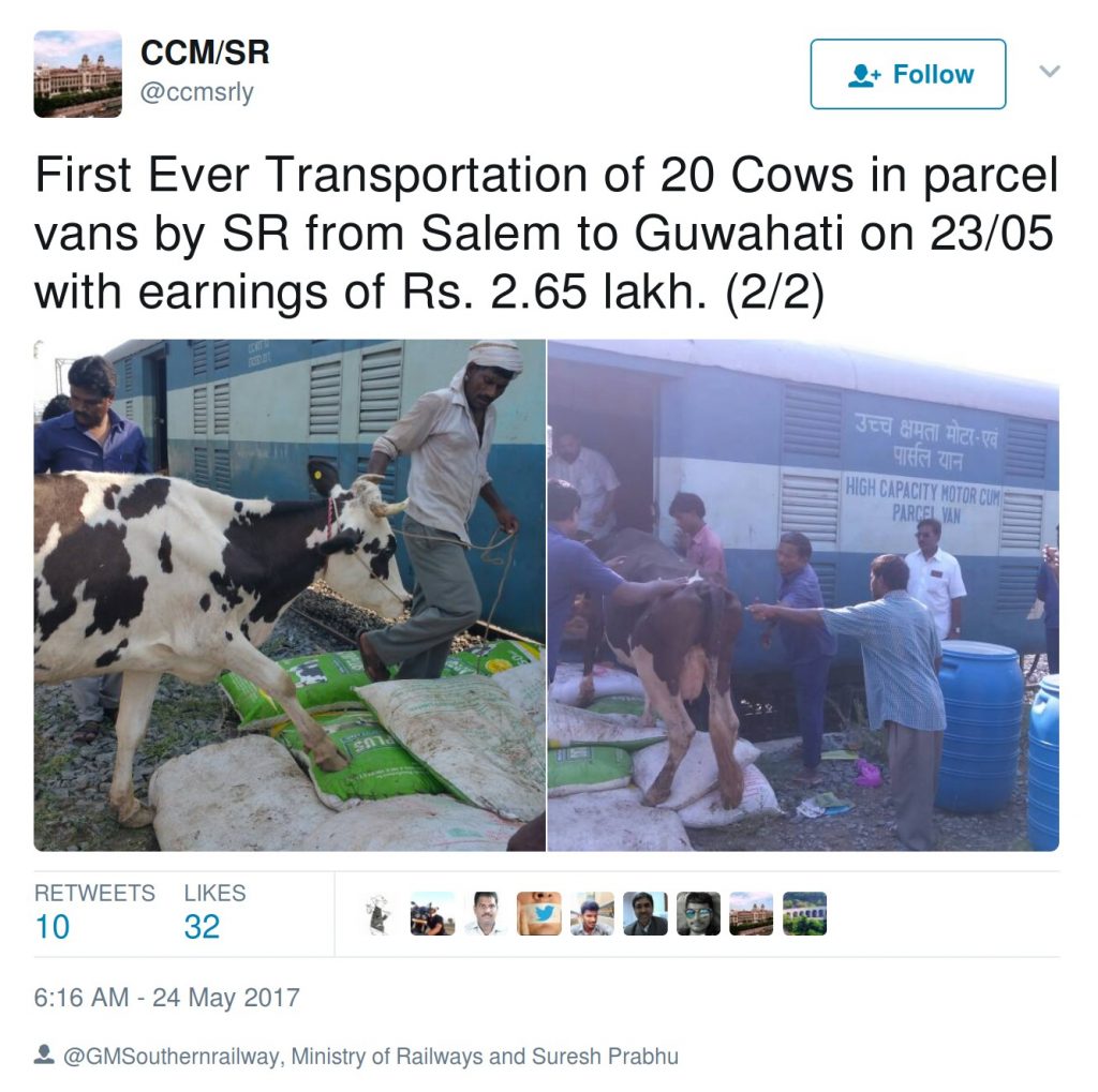 First Ever Transportion of 20 cows in parcel vans by SR from Salem to Guwahati on 23/05 with earings of Rs 2.65 lakh