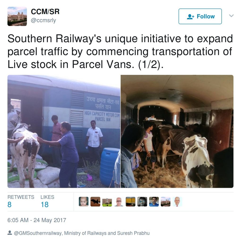 Southern Railways tweeting about ferrying cows
