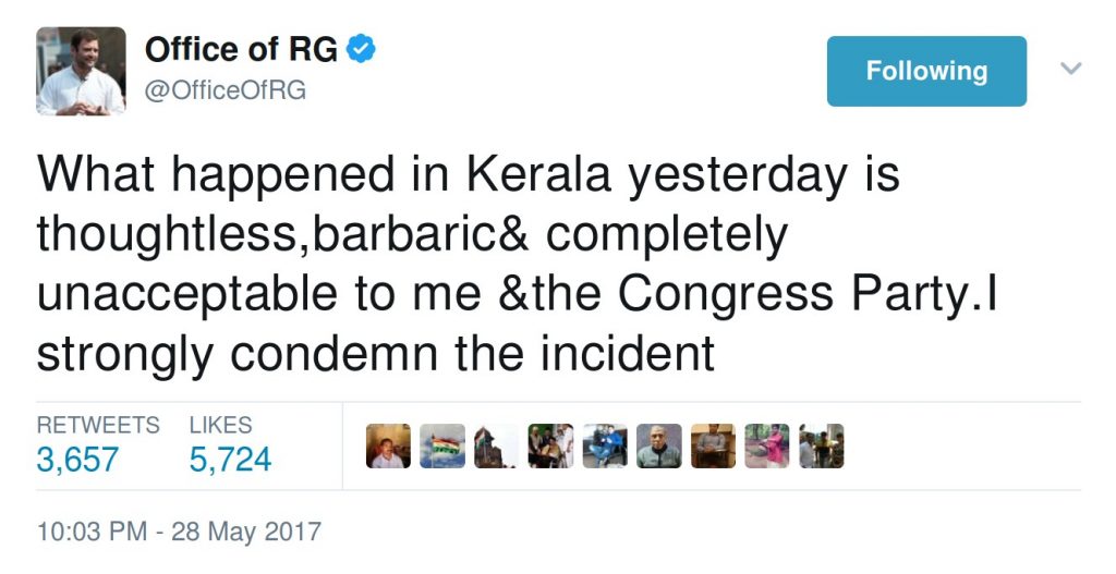Rahul Gandhi: What happened in Kerala yesterday is thoughtless,barbaric& completely unacceptable to me &the Congress Party.I strongly condemn the incident