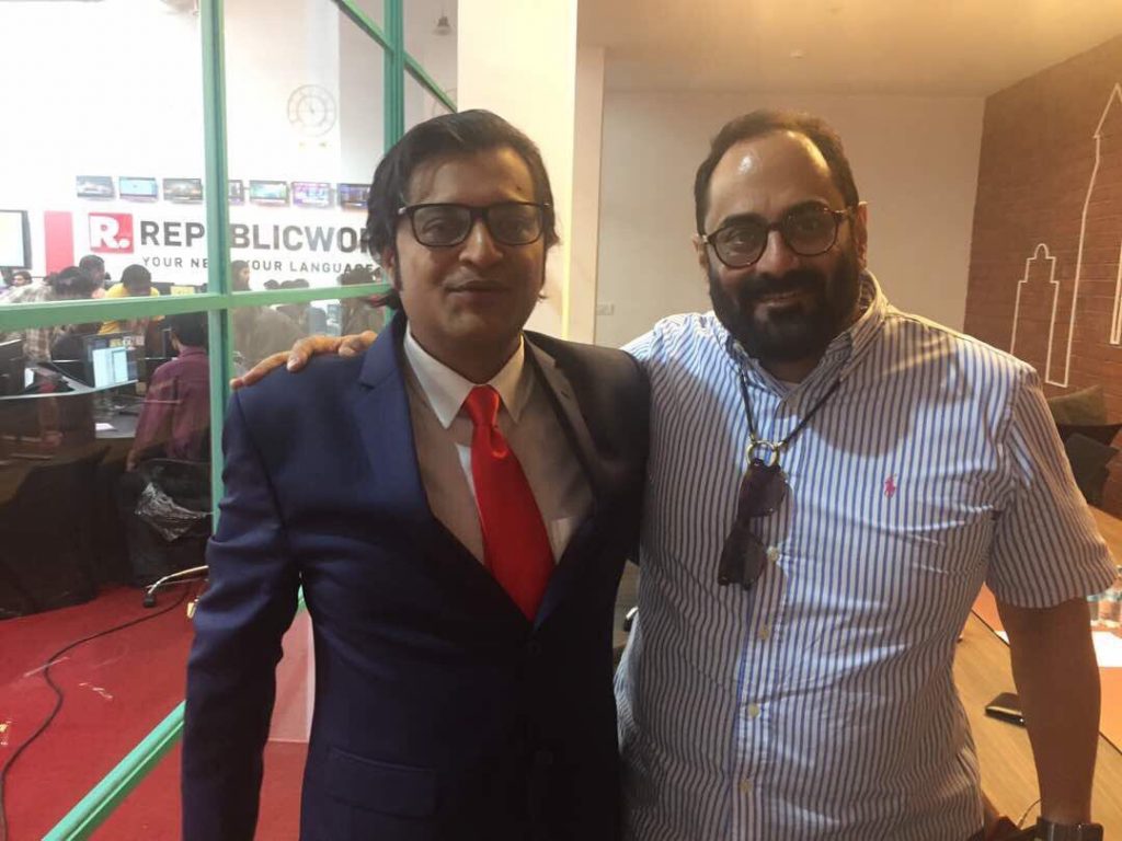 Rajeev Chandrasekhar, a member of the Rajya Sabha and vice-chairman of the NDA in Kerala, with Arnab Goswami at the Repubic TV studios
