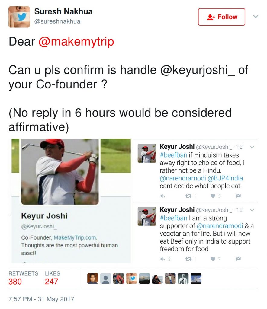 Suresh Nakhua: Dear @makemytrip Can u pls confirm is handle @keyurjoshi_ of your Co-founder ? (No reply in 6 hours would be considered affirmative)