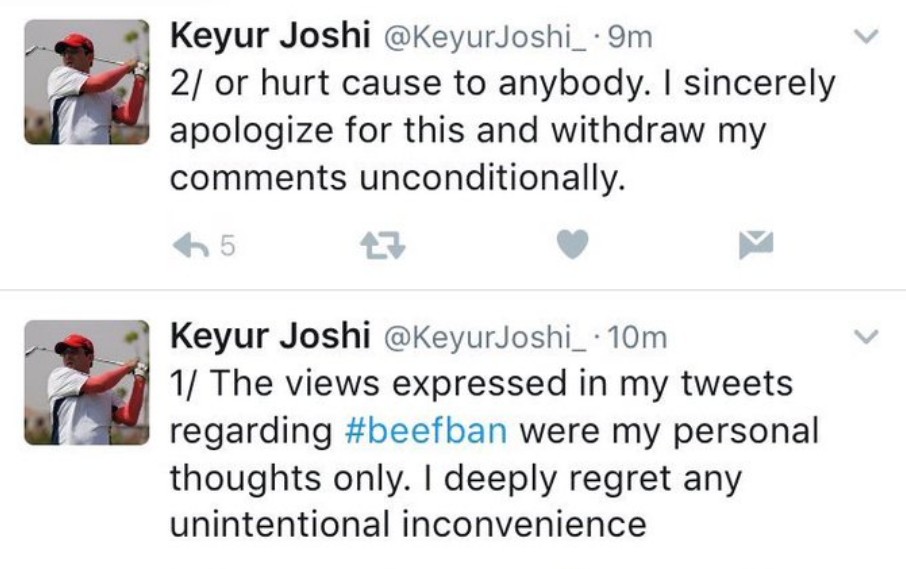 Keyur Joshi: The views express in my tweets regarding #beefban were my personal thoughts only. I deeply regret any unintentional inconvenience or hurt cause to anybody. I sincerely apologize for this and withdraw my comments uncondtionally.