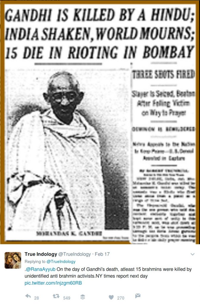 Trueindology: On the day of Gandhi's death, atleast 15 brahmans were killed