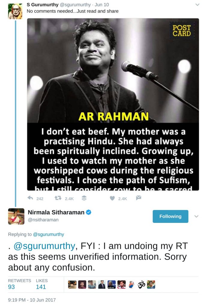 Nirmala Sitharaman FYI: I am undoing my RT as this seems unverified information. Sorry about any confusion.